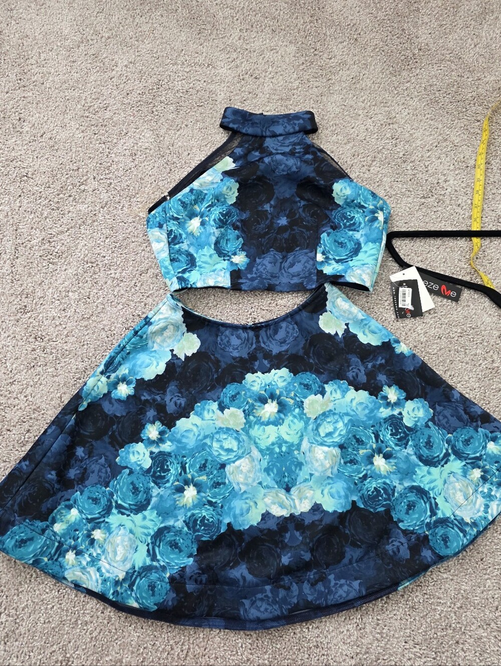 Teeze Me Blue Floral Halter Two-Piece Dress (Skirt and Crop Top)